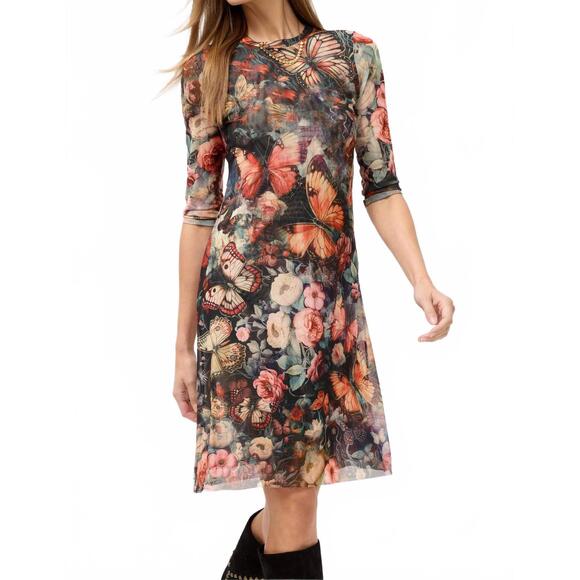 NEW JOHNNY WAS 3/4 sleeve mesh midi dress in teyros scarf